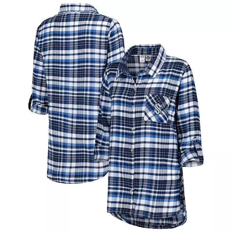 Women's Concepts Sport Deep Sea Blue Seattle Kraken Mainstay Flannel Full-Button Long Sleeve Nightshirt, Size: Medium, Krk Blue Product Image