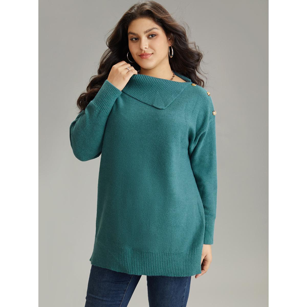 Plus Size Supersoft Essentials Plain Lapel Collar Button Detail Pullover Emerald Women Casual Loose Long Sleeve Lapel Collar Dailywear Pullovers BloomChic 22-24/3X Product Image