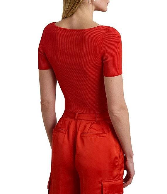 Lauren Ralph Lauren Ribbed Knit Boat Neck Short Sleeve Sweater Top Product Image