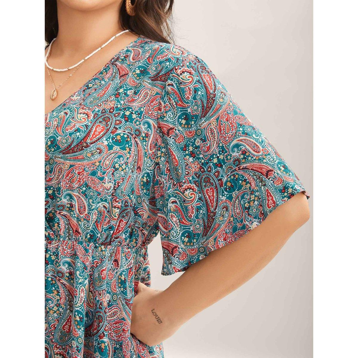 Plus Size DarkGreen Paisley Print V-Neck Flared Sleeve Blouse Women Half Sleeve V-neck Vacation Blouses BloomChic 30/6X Product Image