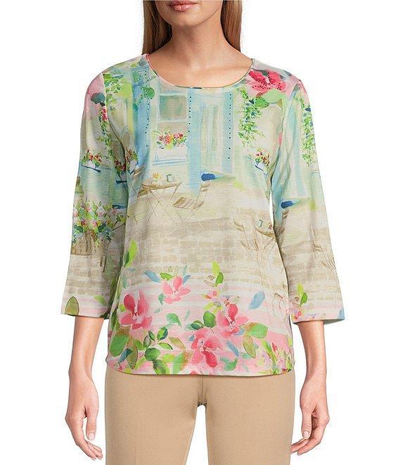 Allison Daley Town Country Border Print 3/4 Sleeve Crew Neck Knit Top Product Image