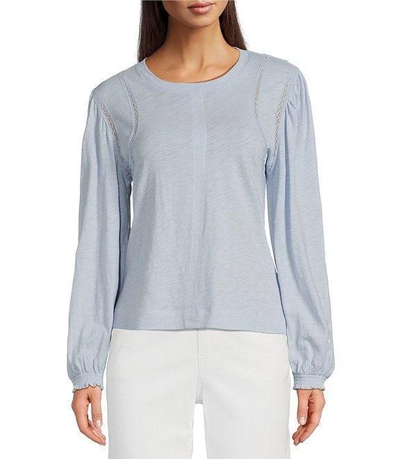 Democracy Knit Crew Neck Long Sleeve Crochet Fagoting Detail Top Product Image