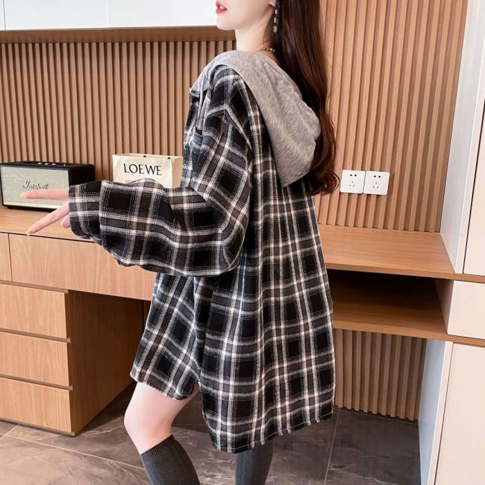 Plaid Drawstring Hooded Pocket Detail Button Jacket Product Image