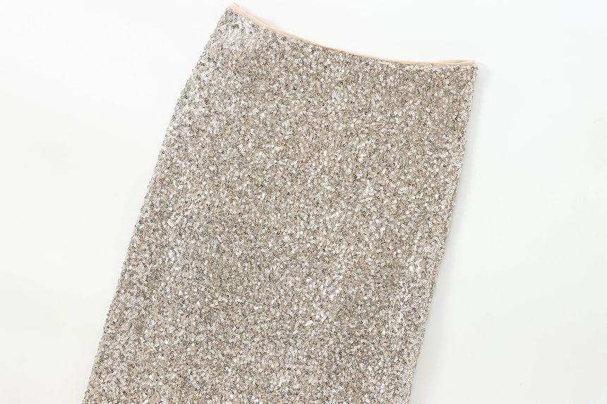High Rise Plain Sequin Midi Straight Wrap Skirt Product Image