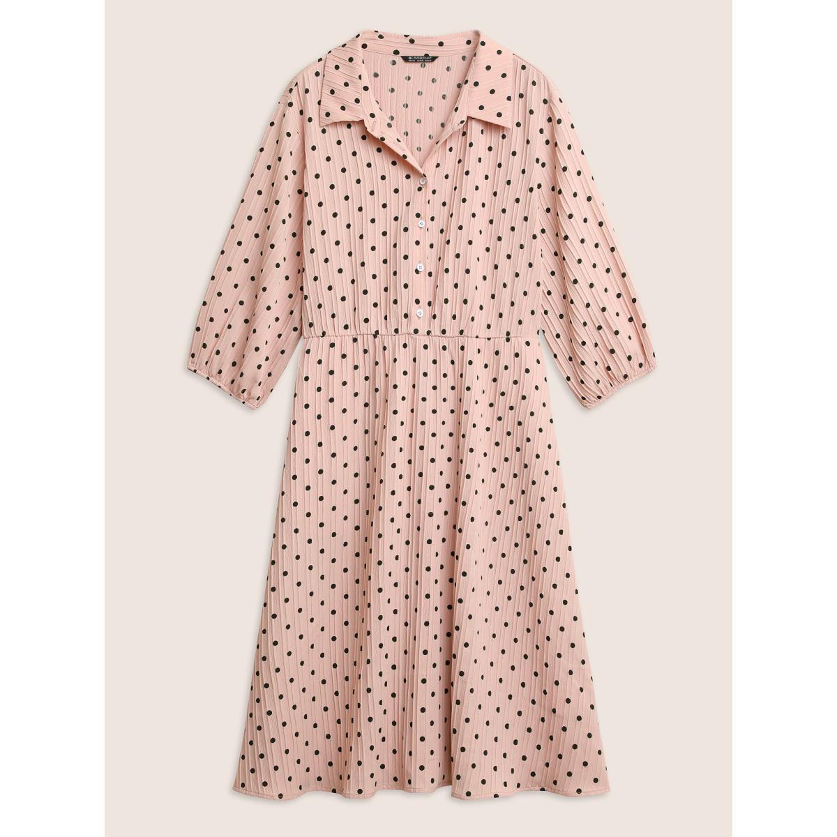 Plus Size Polka Dot Textured Elastic Waist Button Up Dress MistyRose Women At the Office Non Shirt collar Elbow-length sleeve Curvy Midi Dress BloomChic 14-16/1X Product Image