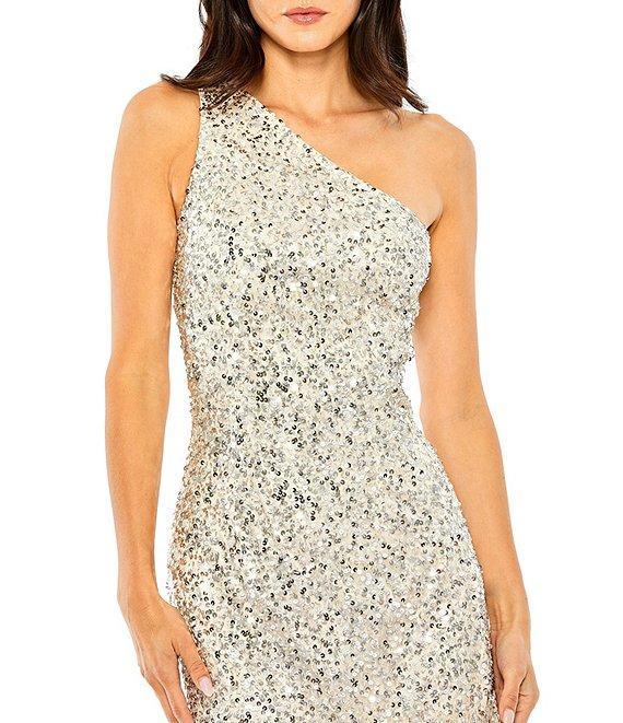 Mac Duggal Embellished Mesh One Shoulder Neck Sleeveless Fringe Hem Mini Dress Product Image