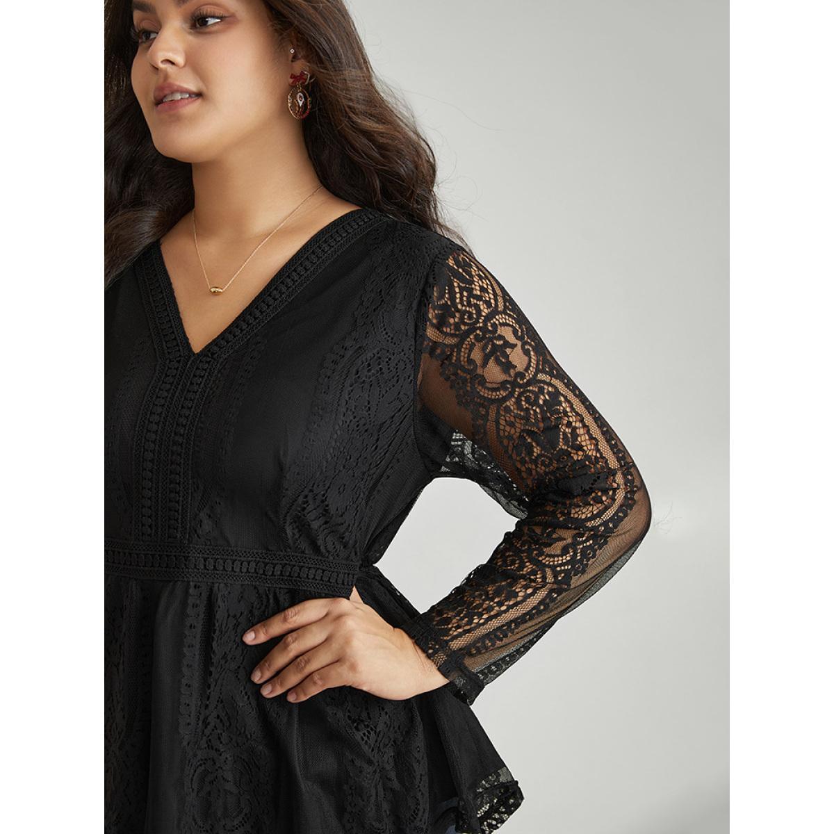 Plus Size Black Solid Guipure Lace Mesh Elastic Waist Blouse Women Elegant Long Sleeve V-neck Party Blouses BloomChic 28/5X Product Image