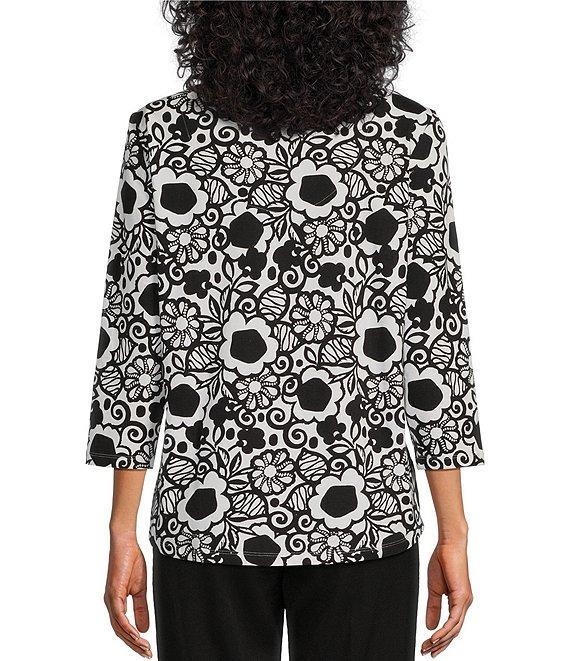 Allison Daley Embellished Graphic Floral Print 3/4 Sleeve Split Round Neck Knit Top Product Image