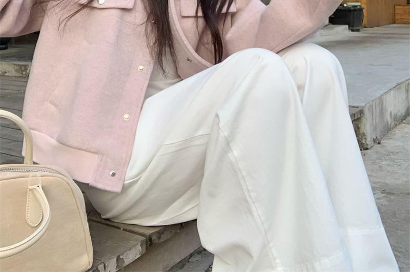 Plain Button Bomber Jacket / Long-Sleeve Crew Neck T-Shirt / Mid Rise Wide Leg Pants Product Image