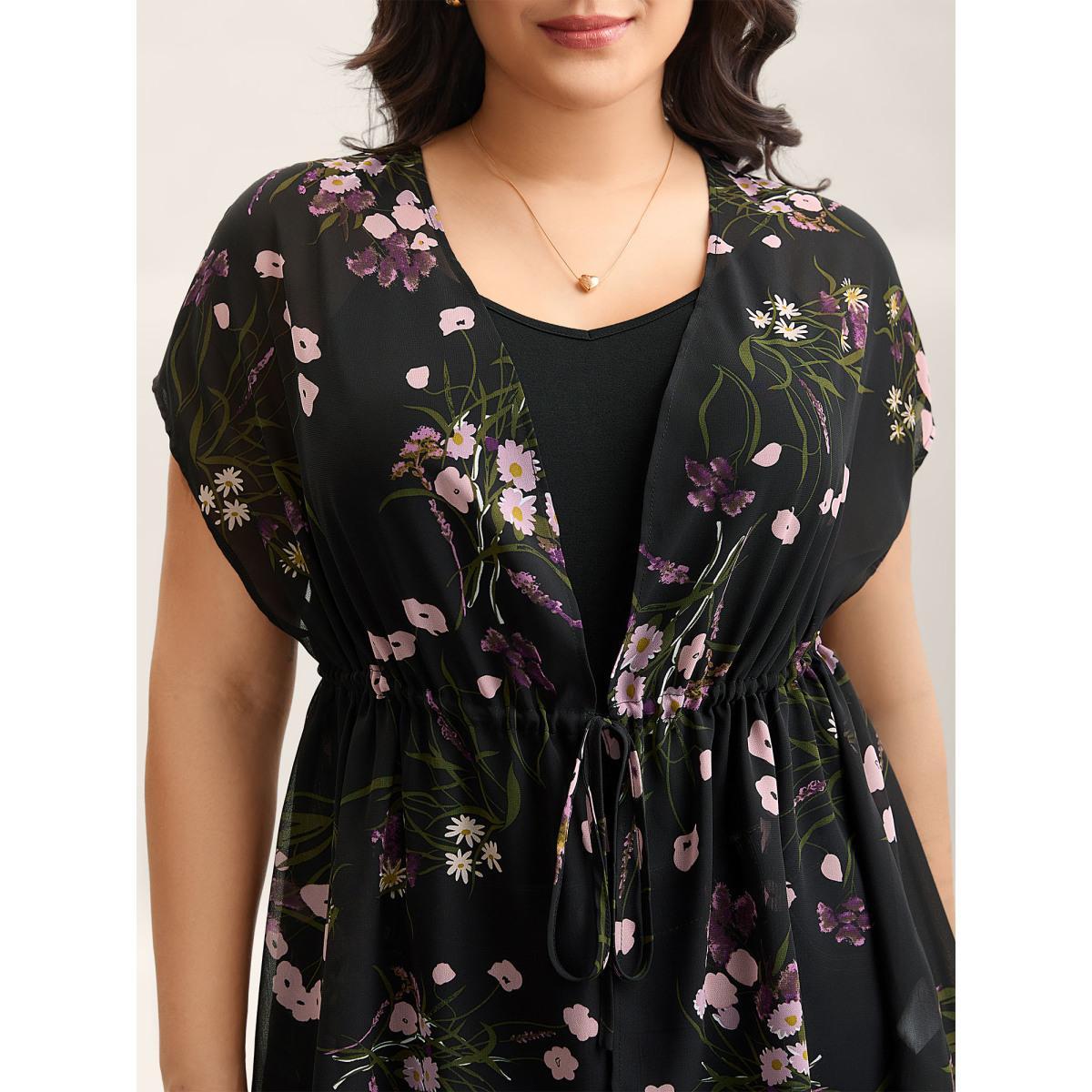 Plus Size Floral Print Waist-Tie Mini Kimono Women Black See through Everyday-Elegant Kimonos BloomChic 18-20/2X Product Image