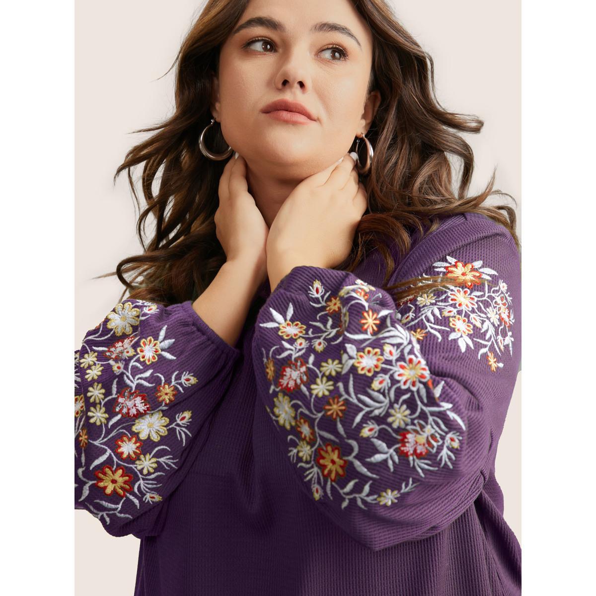Plus Size Waffle Knit Floral Embroidered Lantern Sleeve T-shirt Mauve Women Elegant Texture Floral Round Neck Everyday T-shirts BloomChic 26/4X Product Image