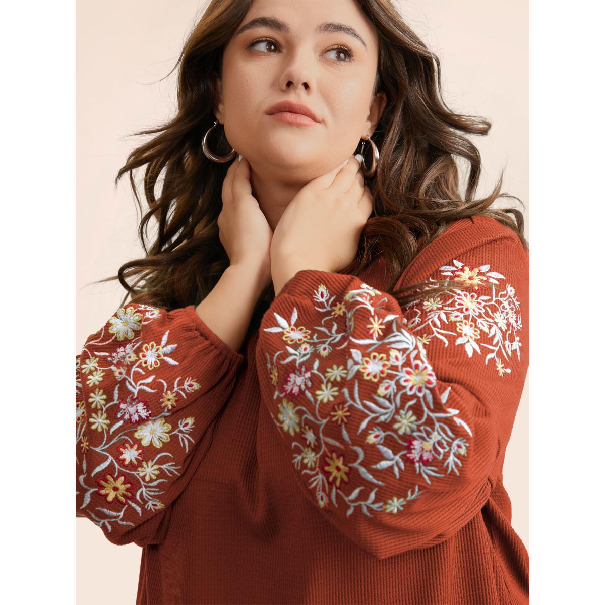Plus Size Waffle Knit Floral Embroidered Lantern Sleeve T-shirt Rust Women Elegant Texture Floral Round Neck Everyday T-shirts BloomChic 18-20/2X Product Image