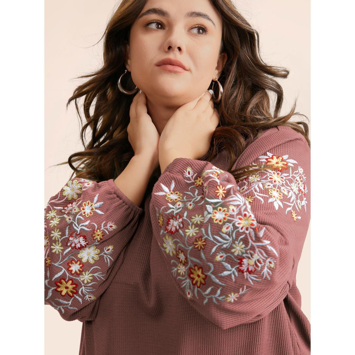 Plus Size Waffle Knit Floral Embroidered Lantern Sleeve T-shirt DustyPink Women Elegant Texture Floral Round Neck Everyday T-shirts BloomChic 28/5X Product Image