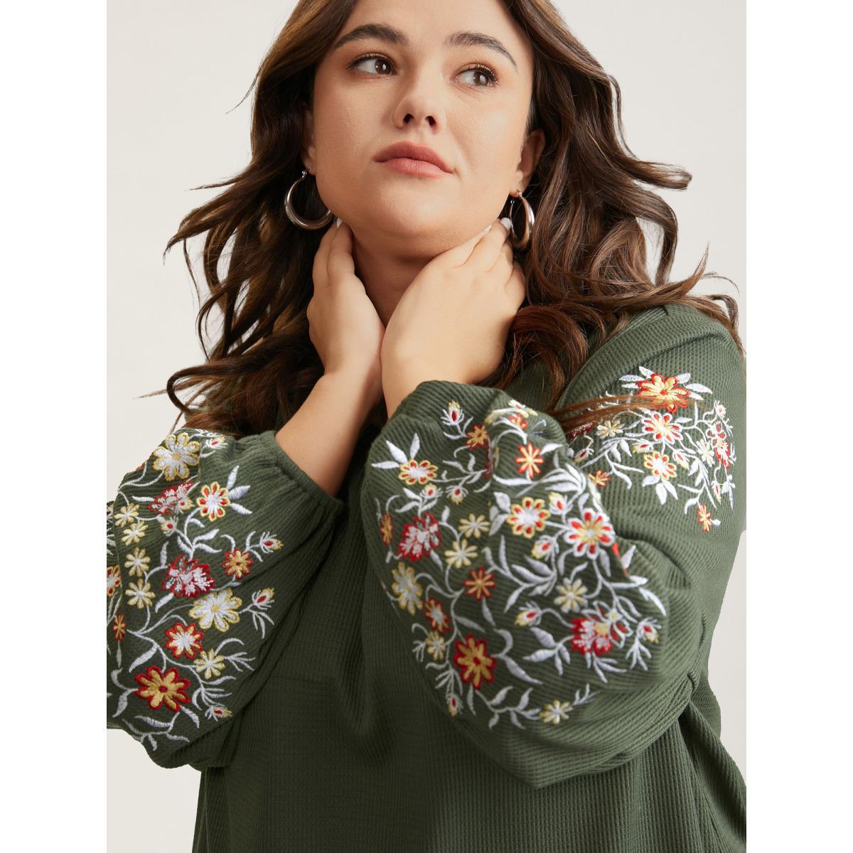 Plus Size Waffle Knit Floral Embroidered Lantern Sleeve T-shirt ArmyGreen Women Elegant Texture Floral Round Neck Everyday T-shirts BloomChic 14-16/1X Product Image