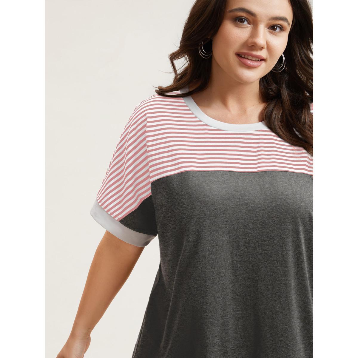 Plus Size Solid and Striped Contrast Hem T-Shirt Crepe Women Casual Contrast Round Neck Everyday T-shirts BloomChic 22-24/3X Product Image