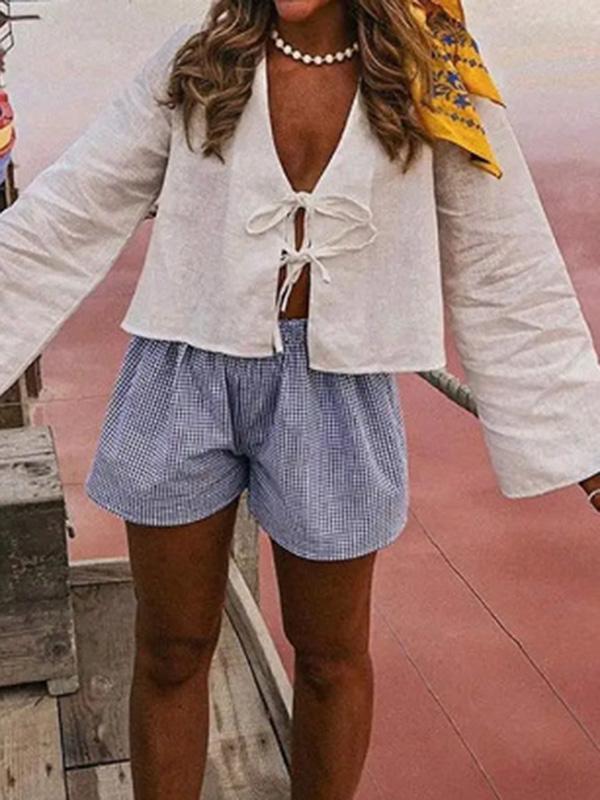 Lace-Up Solid Color V-Neck Blouses&Shirts Tops Product Image