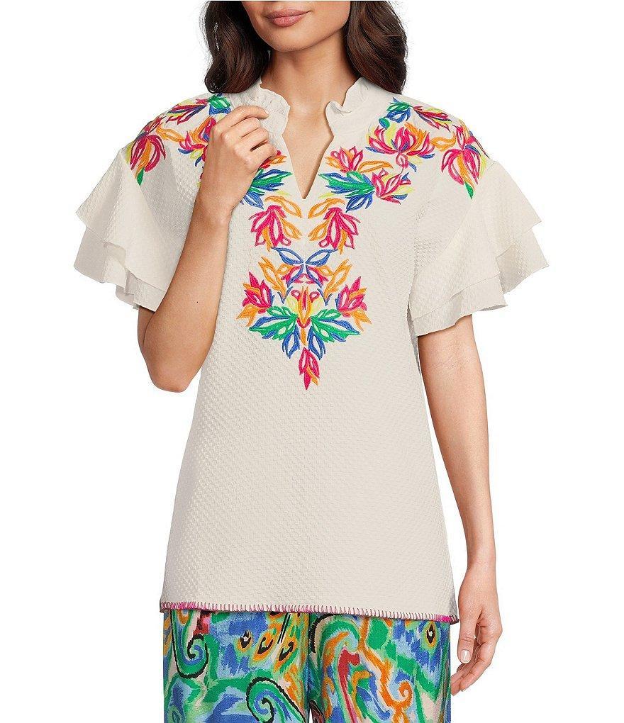 Calessa Embroidered Ruffle Double Layer Short Sleeve Top Product Image