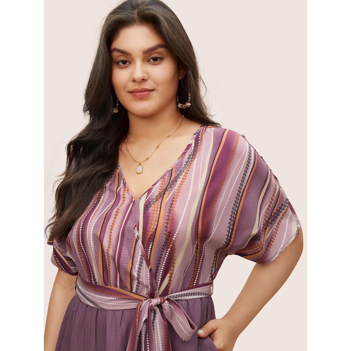 Plus Size Striped Patchwork Overlap Collar Ties Dress Mauve Women Resort Non Overlap Collar Short sleeve Curvy Midi Dress BloomChic 30/6X Product Image