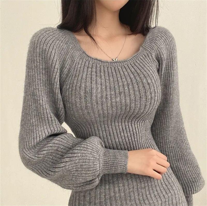 Square Neck Plain Mini Sheath Sweater Dress Product Image