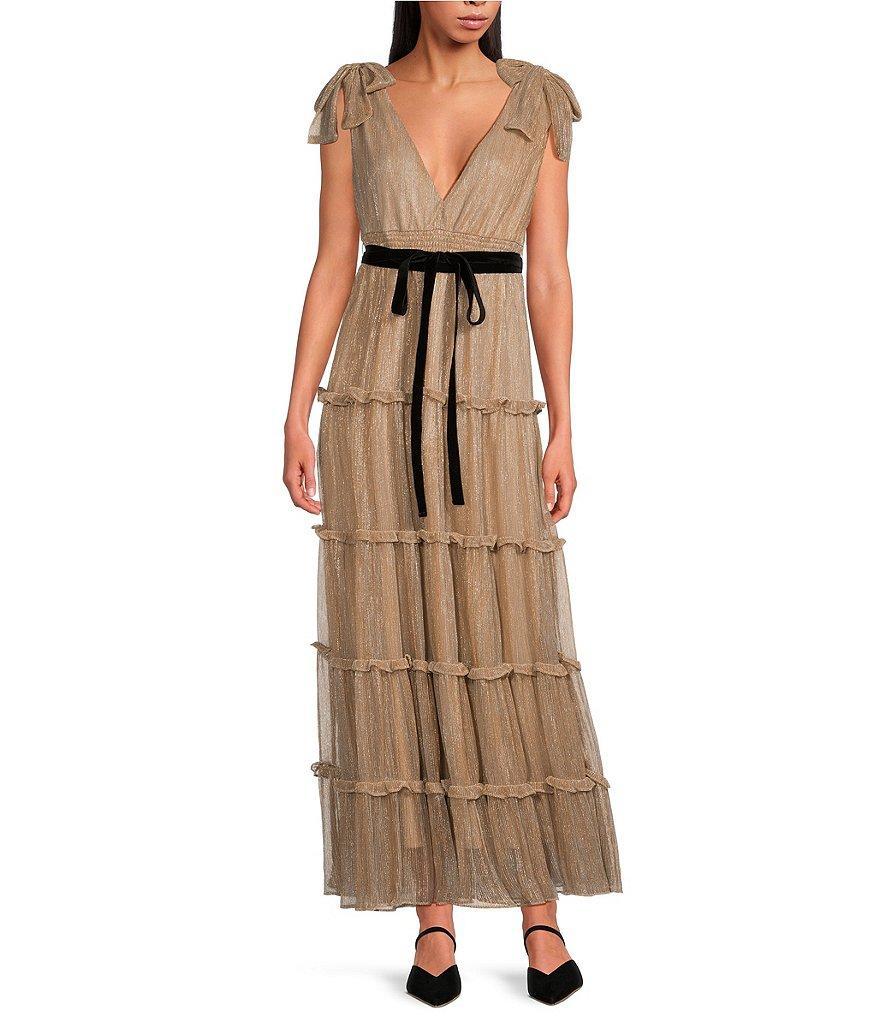 A Loves A Metallic Chiffon Deep V-Neck Sleeveless Bow Tie Strap Tie at Waist Ruffle Tiered A-Line Flounce Tea Length Dress Product Image