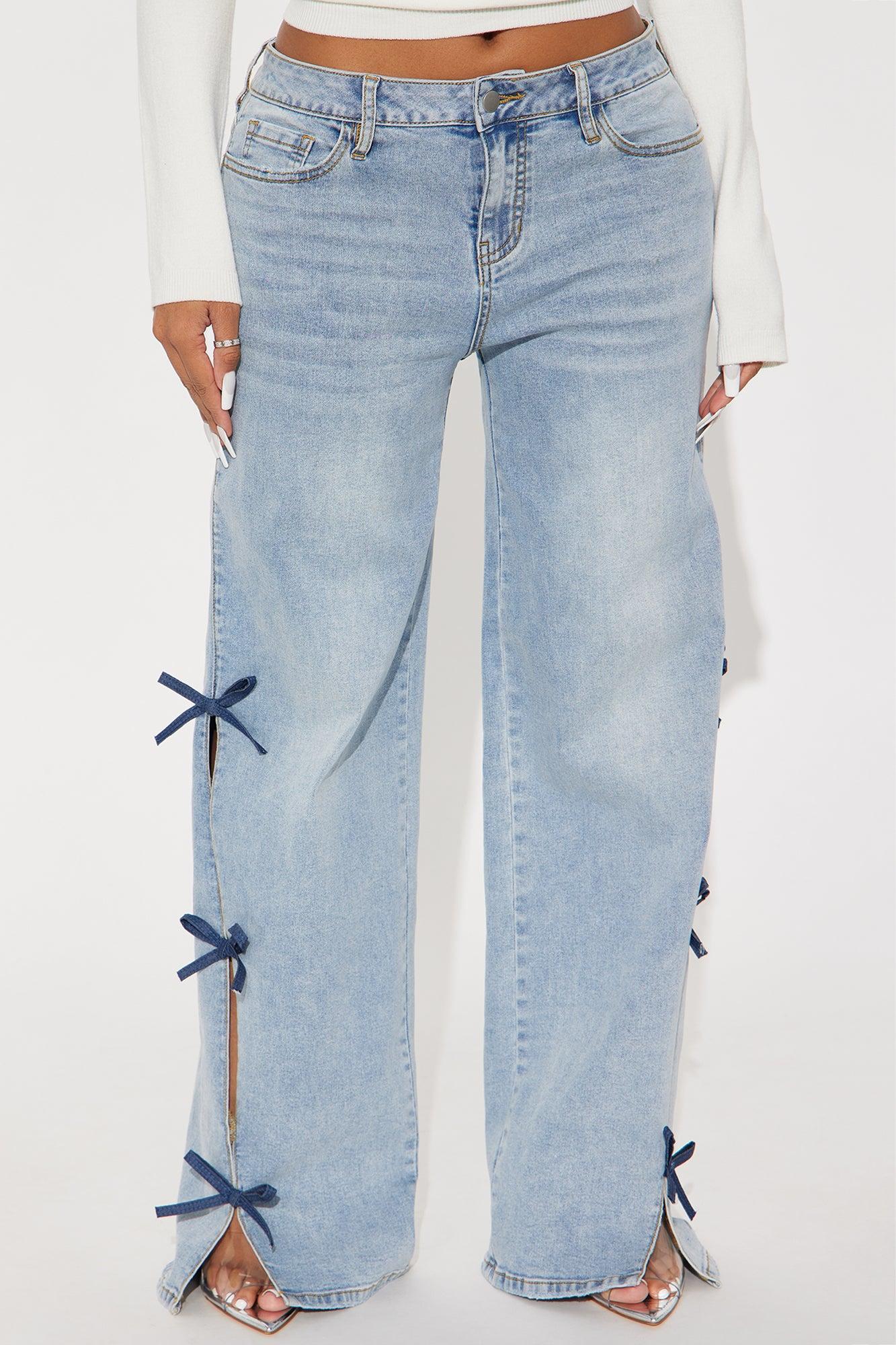 Catch My Drift Stretch Bow Split Hem Jeans - Light Wash Product Image