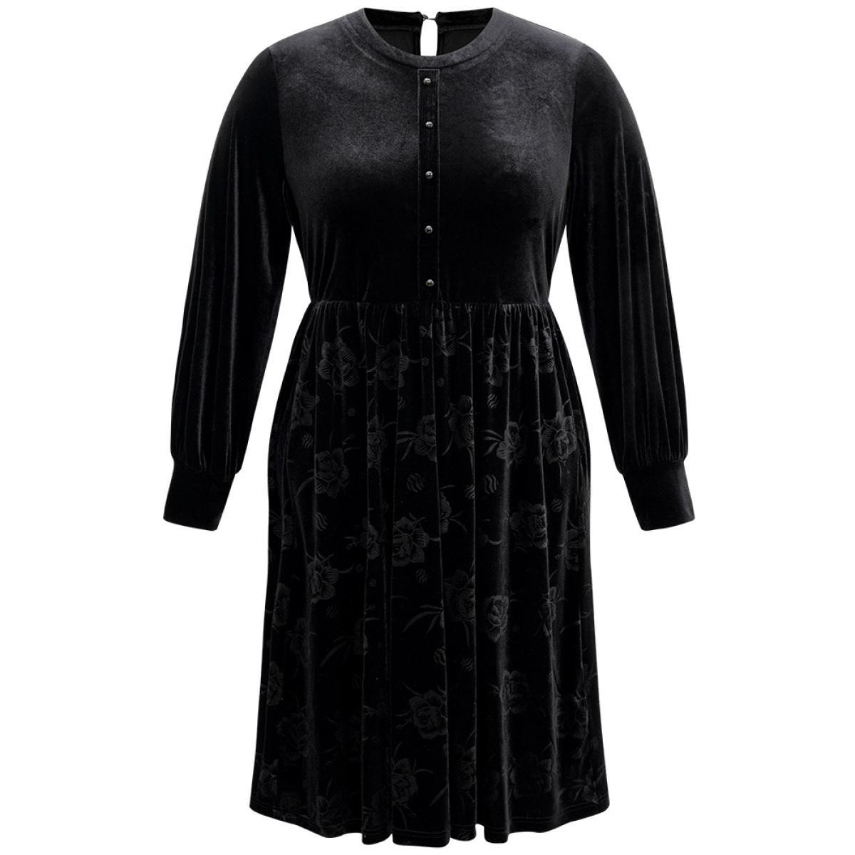 Plus Size Solid Velvet Button Detail Pocket Dress Black Women Office Plain Round Neck Long Sleeve Curvy Midi Dress BloomChic 22-24/3X Product Image