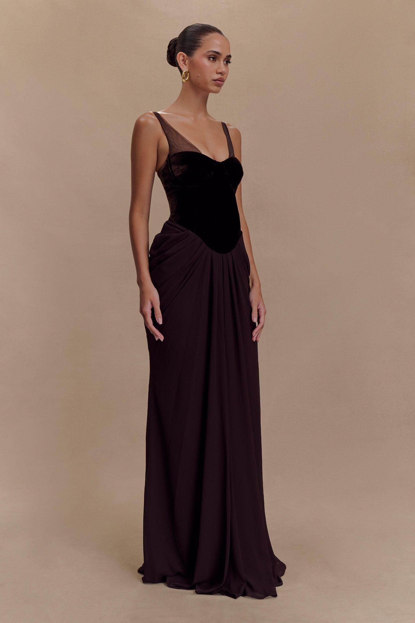 Roxanne Velvet Corset Maxi Dress - Cacao Brown Product Image