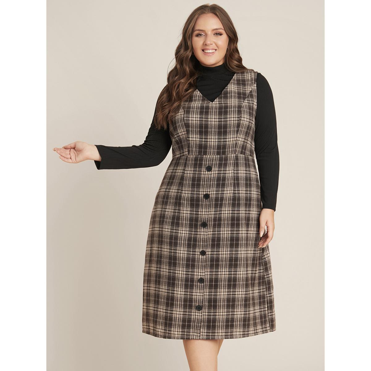 Plus Size Plaid Sleeveless Button Detail Dress Without Sweater DarkBrown Women Office Button V-neck Sleeveless Curvy Midi Dress BloomChic 14-16/1X Product Image