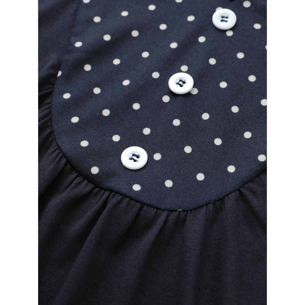 Plus Size Polka Dot Patchwork Notched Button Detail T-shirt Indigo Women Casual Contrast Polka Dot Notched collar Everyday T-shirts BloomChic 22-24/3X Product Image