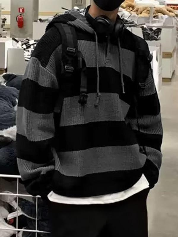 Men's Buttoned Striped Hooded Sweater Product Image