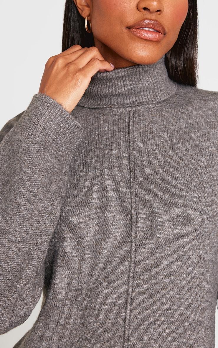 Charcoal Soft Knit Roll Neck Oversized Seam Detail Sweater Dress Product Image