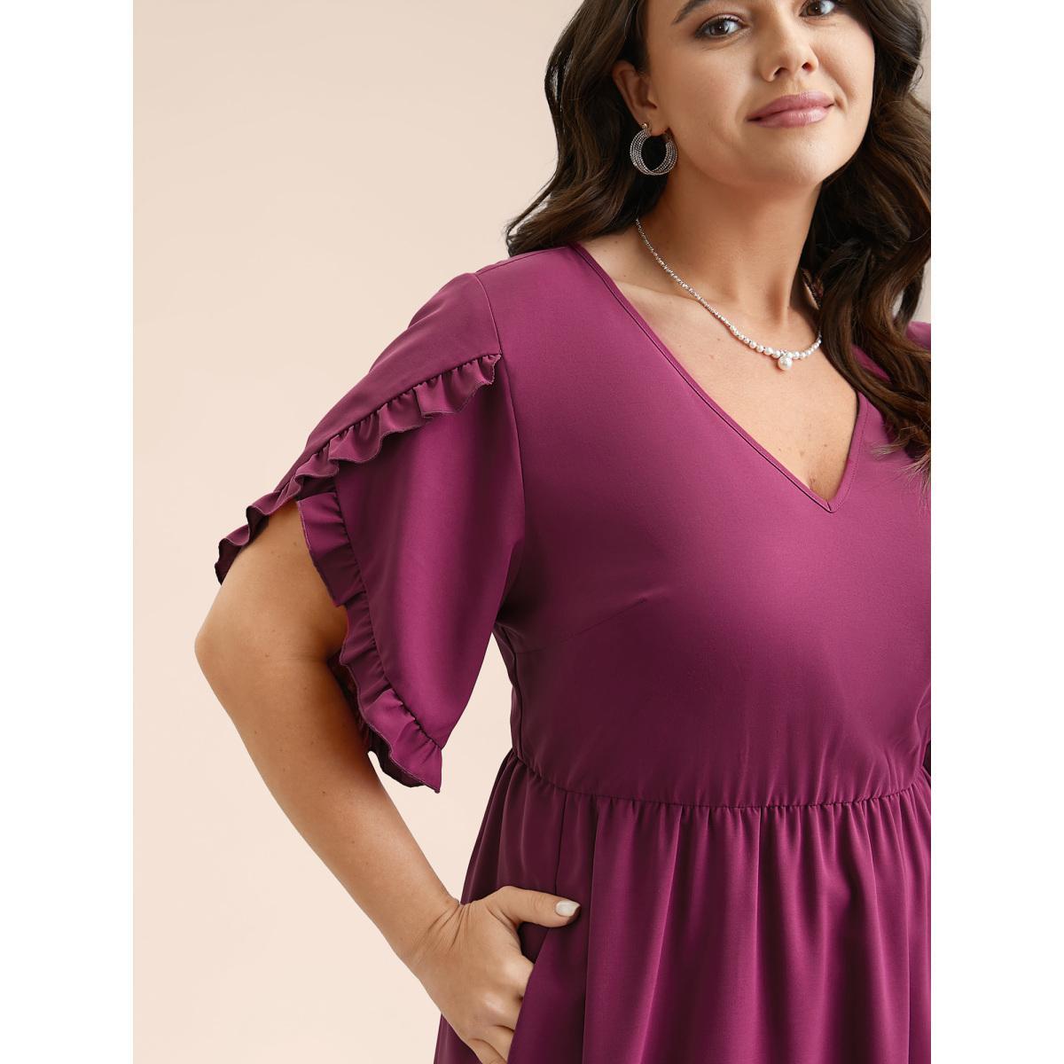 Plus Size Petal Sleeve Ruffled Waist-Cinched Midi Dress Deeppurplered Women Elegant Frill Trim V-neck Half Sleeve Curvy BloomChic 10/M Product Image