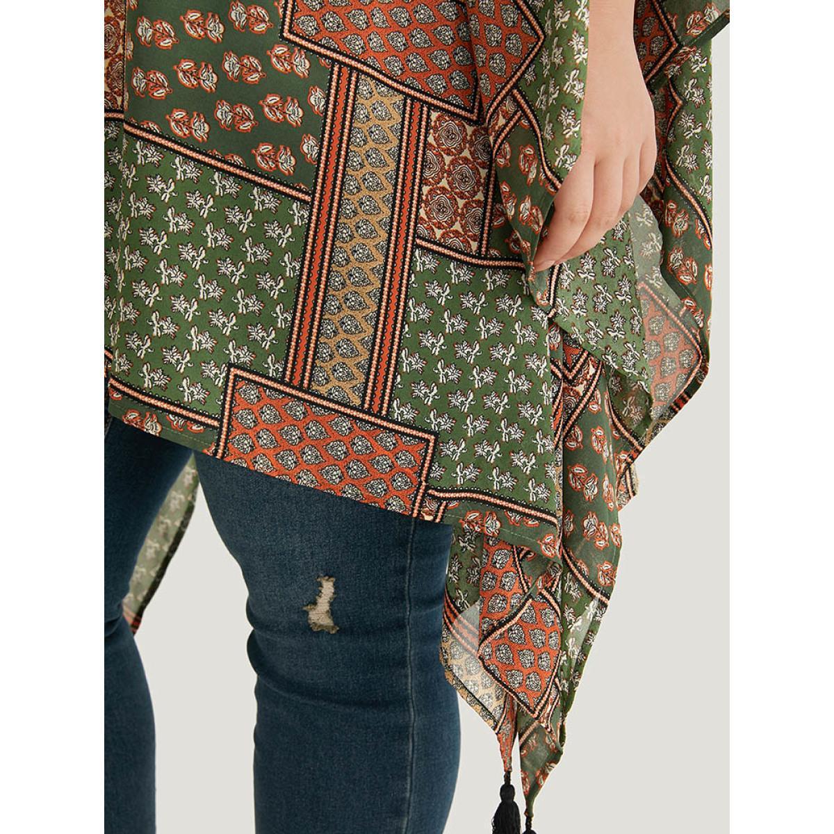 Plus Size Bandana Print Tassels Trim Asymmetrical Hem Kimono Women Moss Casual Drape Loose Dailywear Kimonos BloomChic 12/L Product Image