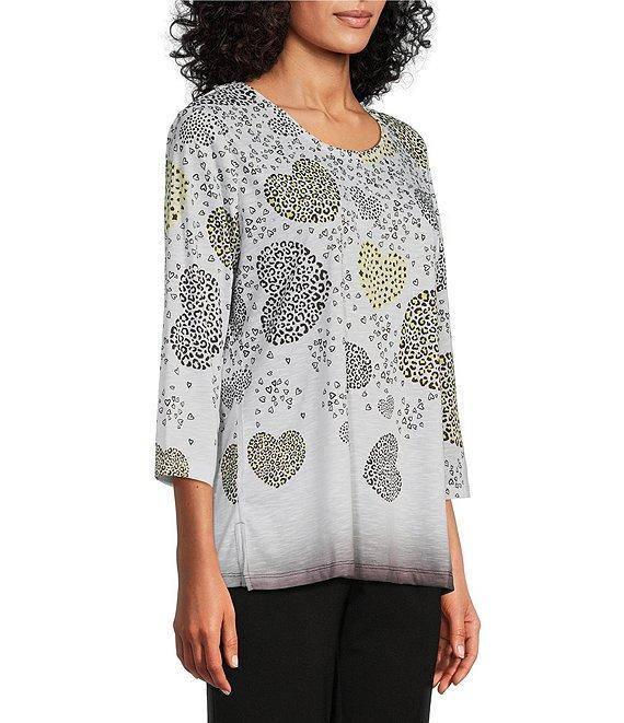 Allison Daley Petite Size Embellished Cascading Hearts Print 3/4 Sleeve Crew Neckline Knit Top Product Image
