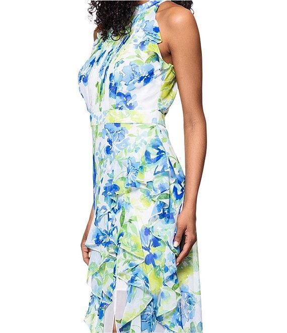Betsy & Adam Chiffon Floral Print Halter Neck Sleeveless Ruffle Fit and Flare Maxi Dress Product Image