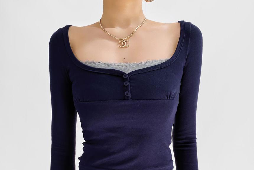 Long Sleeve Square Neck Plain Mock Two Piece Buttoned Crop Top Product Image