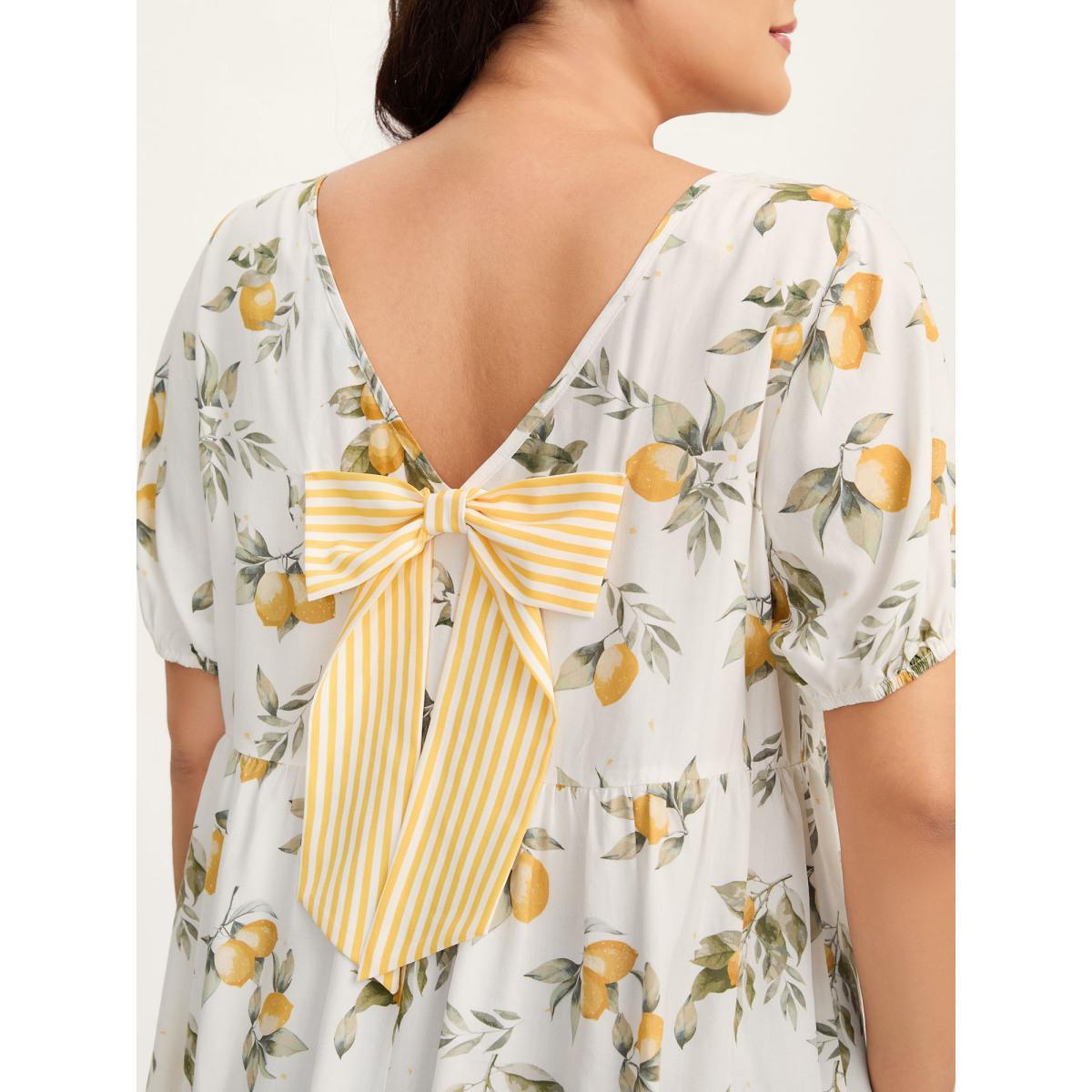 Plus Size Apricot Citrus Print Bow Backless Blouse Women Short sleeve Round Neck Everyday-Casual Blouses BloomChic 10/M Product Image