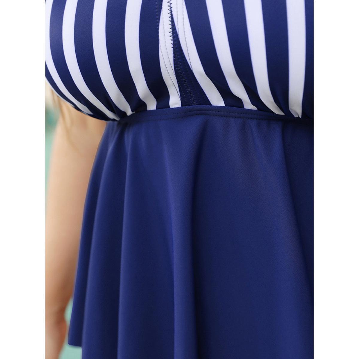 Plus Size Striped Contrast Crossover Ruffle Hem Tankini Top Women's Swimwear Navy Vacation Adjustable Straps High stretch Bodycon V-neck Curve Swim Tops BloomChic 22-24/3X Product Image