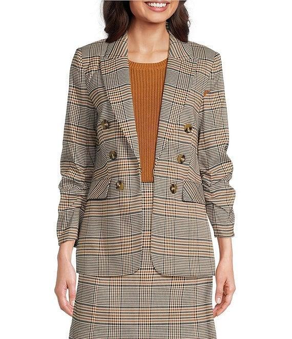 tyler boe Coordinating Blair Stretch Woven Buckingham Plaid Peak Lapel 3/4 Ruched Sleeve Double Breasted Jacket Product Image