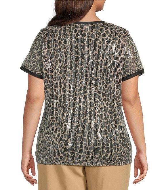 Anne Klein Plus Size Crew Neck Short Sleeve Animal Sequined Mesh T-Shirt Product Image