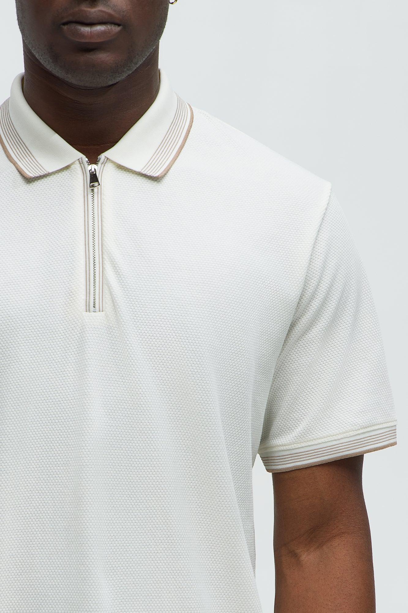 Striped Zip Collar Textured Polo - Off White Product Image