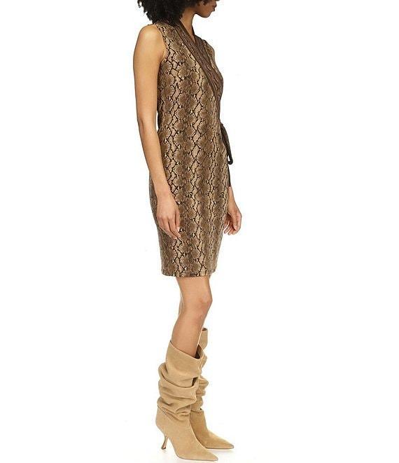 MICHAEL Michael Kors Matte Jersey Snake Print Sleeveless Side Tie Faux Wrap Dress Product Image