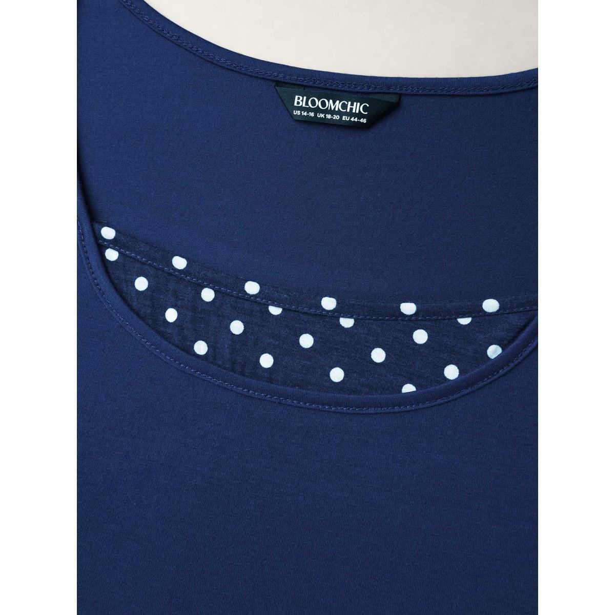 Plus Size Mixed Fabric Polka Dots Patchwork T-Shirt Indigo Women Casual Contrast Round Neck Everyday T-shirts BloomChic 30/6X Product Image