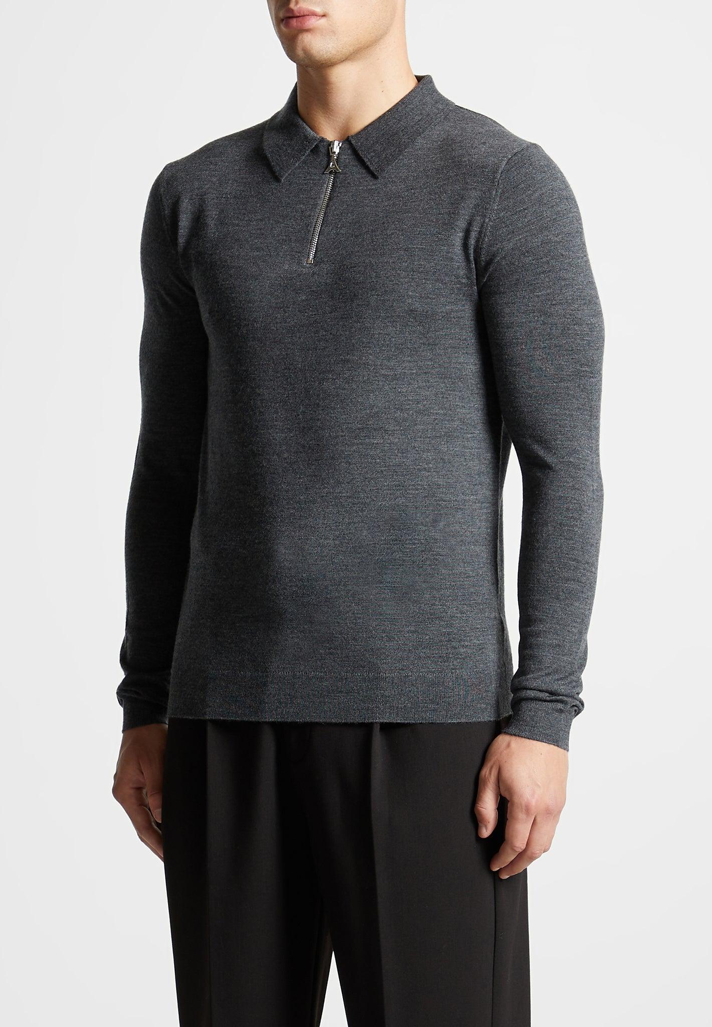 Merino Wool Long Sleeve Polo Top With Zip - Marl Grey Male Product Image