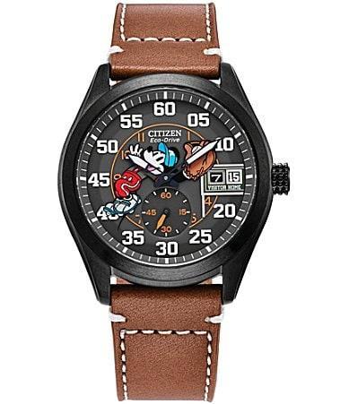 Disneys 100th Anniversary Mickey Mouse Mens Eco-Drive Batters Up Brown Leather Strap Watch by Citizen - BV1089-05W Product Image