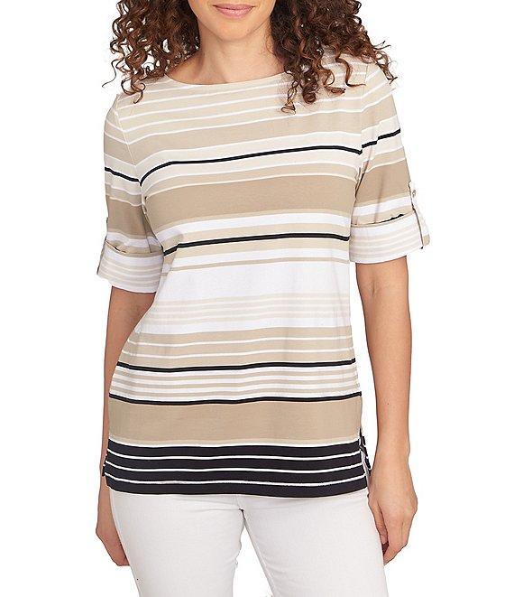 Ruby Rd. Knit Multi Stripe Boat Neck Short Roll-Tab Sleeve Top Product Image