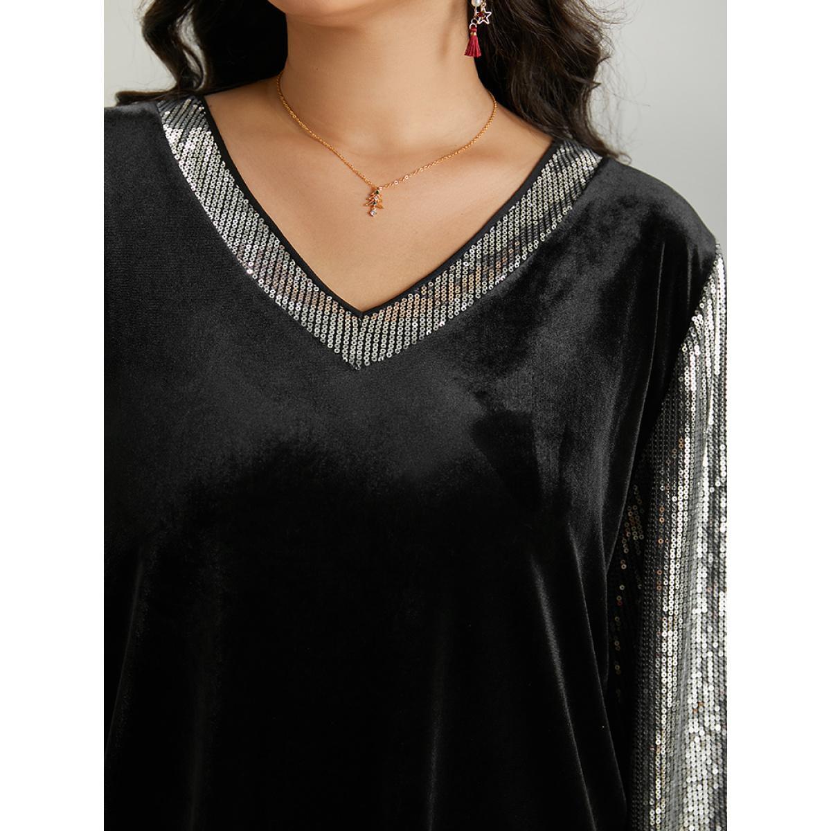 Plus Size Sequin Patchwork V Neck Lantern Sleeve Sweatshirt Women Black Cocktail Elastic cuffs V-neck Party Sweatshirts BloomChic 26/4X Product Image