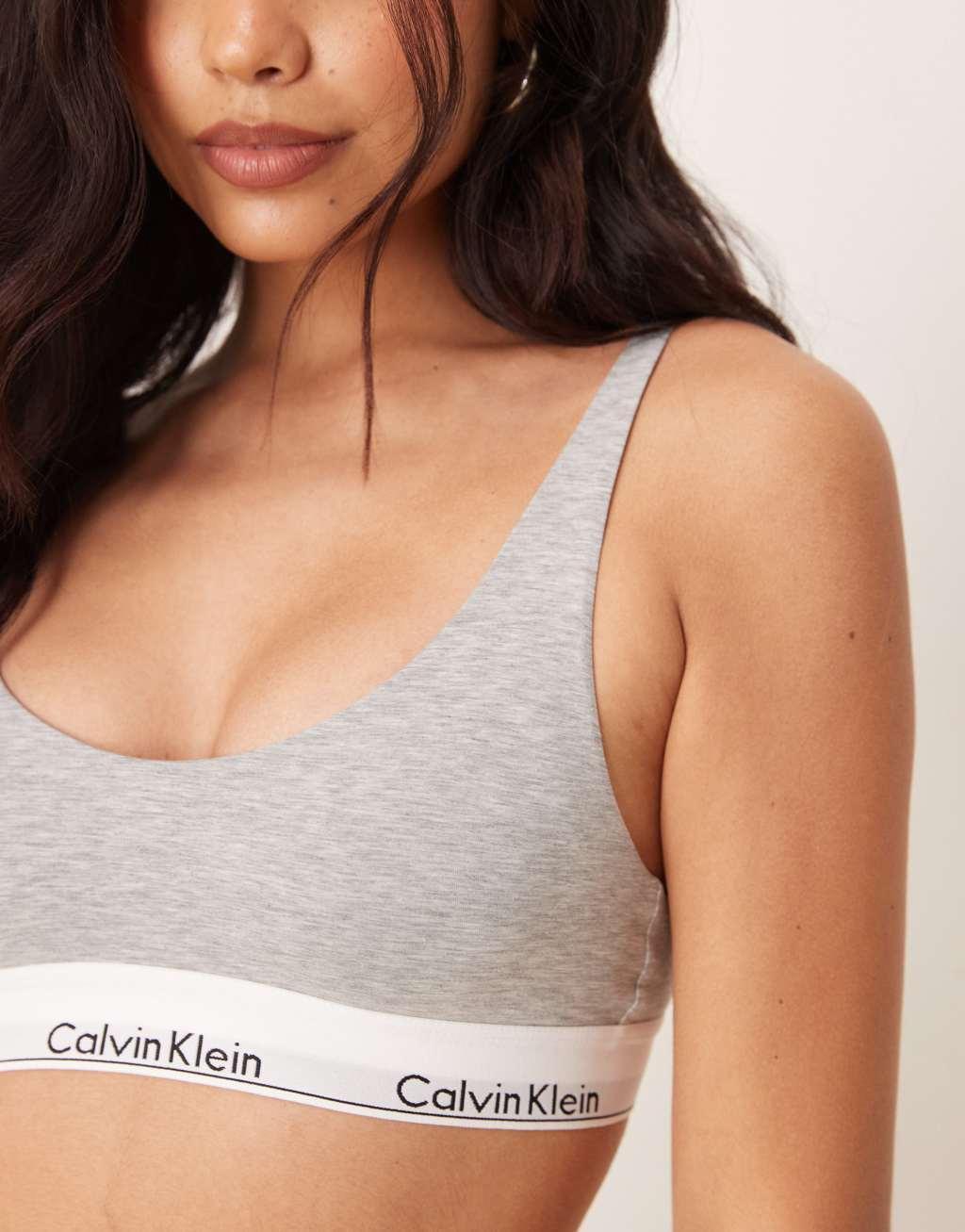 Calvin Klein modern cotton lightly lined scoop logo tape bralet in gray Product Image