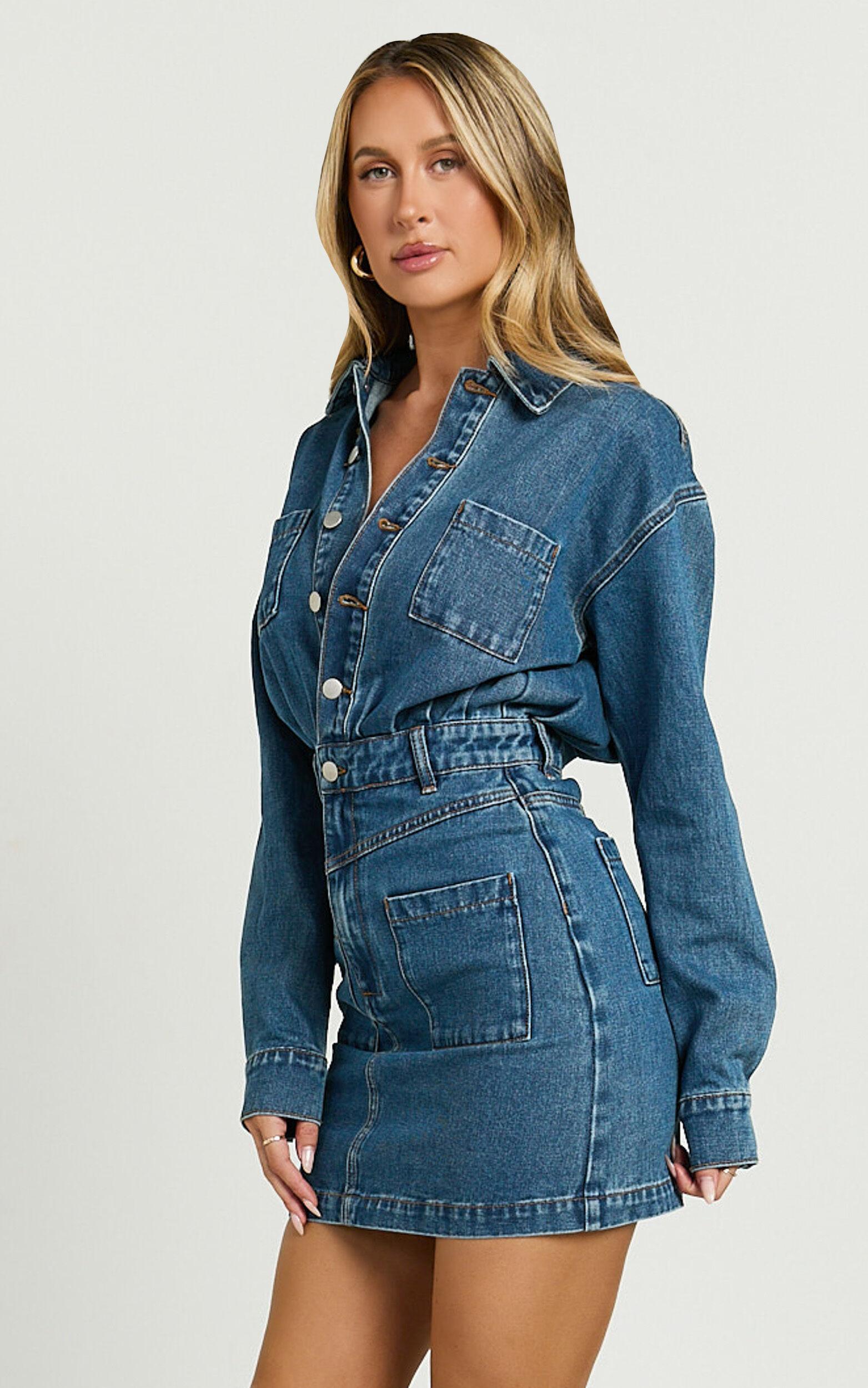 Kamala Mini Dress - Long Sleeve Button Through Denim Dress in Dark Blue Wash Product Image