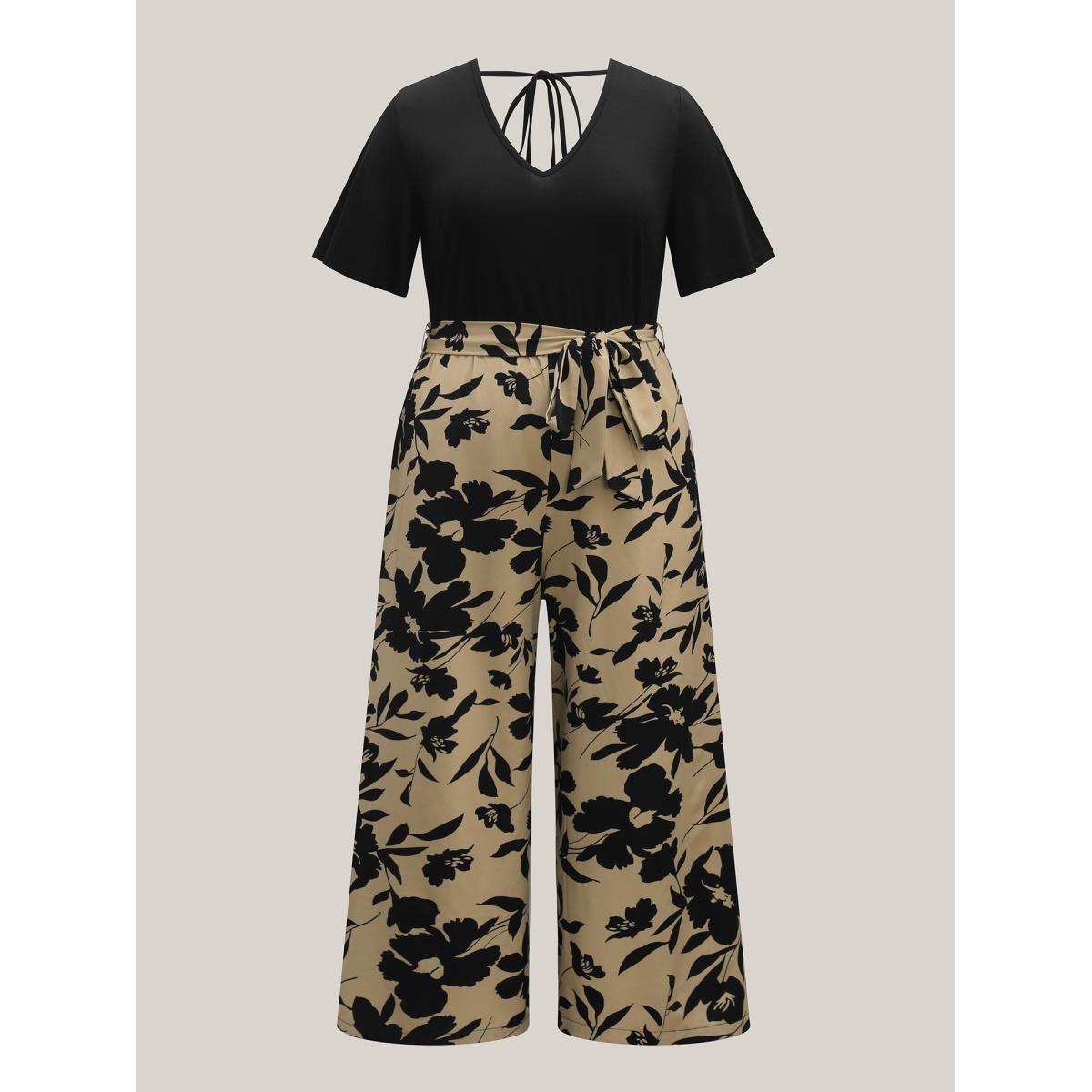 Plus Size Tan Floral Print Spliced Belted Wide-Leg Jumpsuit Women Elegant Short sleeve V-neck Everyday-Elegant Loose Jumpsuits BloomChic 12/L Product Image